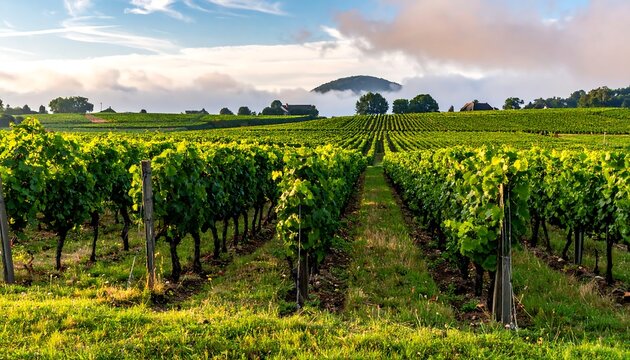 Lush, green rows of grape vines stretch across a rolling landscape under a partially cloudy sky. Distant hills are veiled in morning mist
