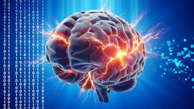 Digital Brain With Red Energy Bursts And Blue Binary Code Background Scientific Futuristic Concept