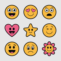 A collection of nine expressive emoji faces, each conveying a different emotion, including happiness, love, surprise, heart eyes, star eyes, wink, joy, sadness, and flower smile
