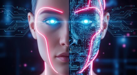 Naklejka premium Human Face Merging with Futuristic Robot AI Technology.