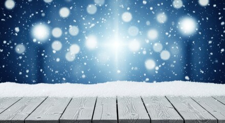 A wooden table covered in snow with a bokeh background of falling snow and bright lights