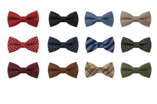 Assorted bow ties presenting a colorful variety of formal wear accessories with different textures and designs, elegant fashion items