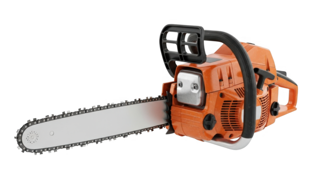 Orange gasoline powered chainsaw isolated on a white background.