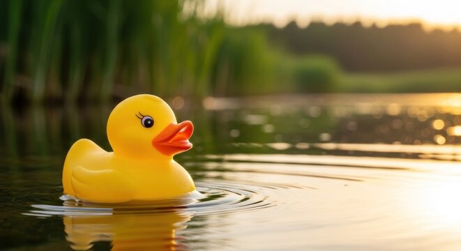 A lone yellow rubber duck floats on the surface of a calm lake at sunset. - Powered by Adobe