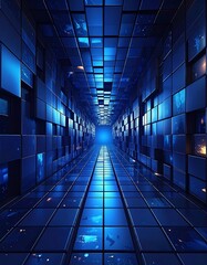 An abstract corridor of glowing blue tiles leads the eye to a bright light. The futuristic space offers an impressive, depth-filled view