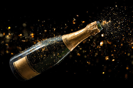 Champagne bottle exploding with golden glitter and bubbles.