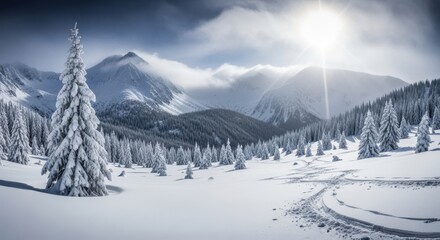 Majestic snowcovered pine tree stands tall in a serene winter landscape with sunlit mountains and cloudy sky