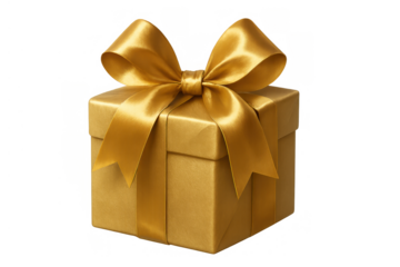 Golden gift box with shiny ribbon bow showing celebration, surprise, anniversary and birthday packaging