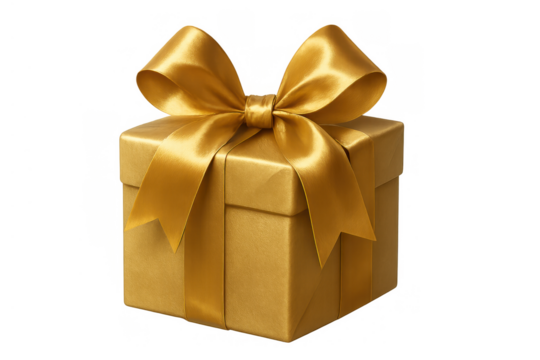 Golden gift box with shiny ribbon bow showing celebration, surprise, anniversary and birthday packaging