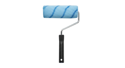 Paint roller with blue striped cover and black handle.