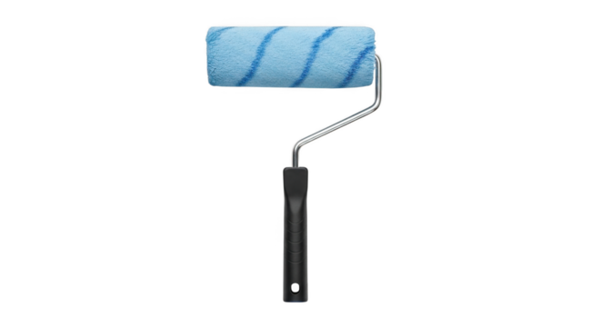 Paint roller with blue striped cover and black handle.
