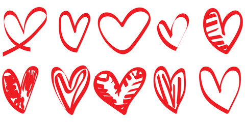 Collection of hand drawn heart doodles in different styles, black ink sketch, isolated on white background.