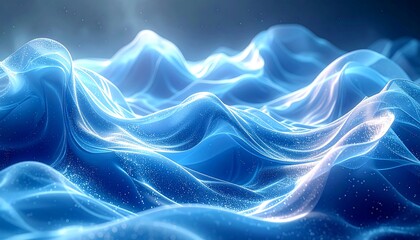 An abstract ocean rendered in translucent blue, waves with sparkling highlights rise and fall. A misty atmosphere lingers