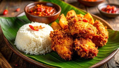 The picture shows a delicious Indonesian dish, most likely Ayam Geprek, which consists of crispy fried chicken pieces, white rice, potato wedges, and semang.e