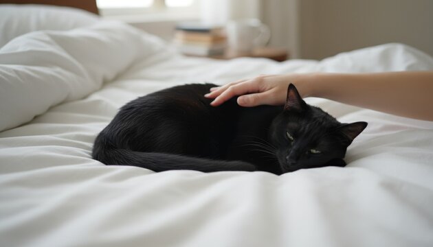 Black cat being pet on white bed.