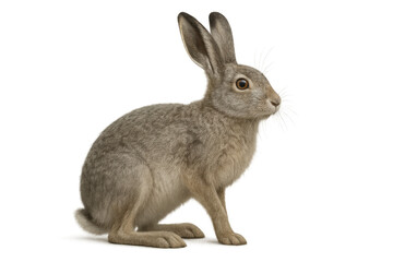 Obraz premium Brown hare with long ears and soft fur sitting, looking right. Wild animal isolated on a transparent background