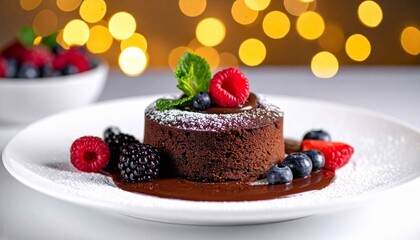 The image shows a chocolate lava cake beautifully presented on a white plate. This rich chocolate cake has a dense exterior and a molten interior, surrounded bys