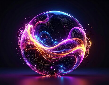 A vibrant orb glows with flowing, colorful energy lines against a dark backdrop, creating an ethereal and dynamic visual display
