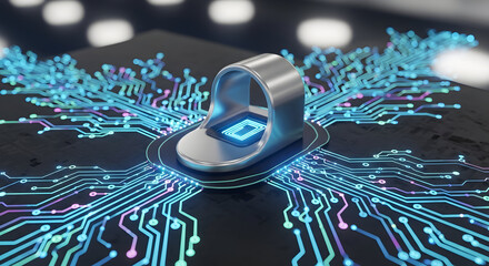 Futuristic fingerprint scanner embedded in glowing digital circuit board representing cyber security and access technology 25163222 1