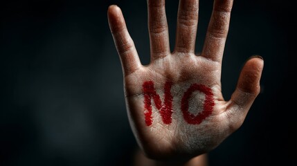 Female hand with the word NO written in red marker on the palm against a dark gray background, symbolizing refusal, boundary, rejection, empowerment, and assertive personal expression.