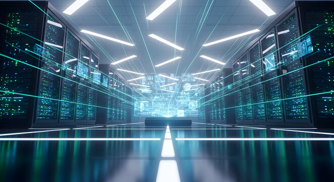 Futuristic data server room filled with glowing racks and digital network connections. Ideal for cybersecurity promos corporate tech videos IT education and cloud computing ads 39658144 1