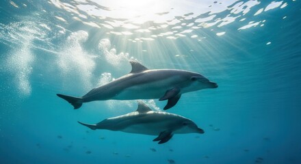 Obraz premium Two Dolphins Swimming Together Underwater in Clear Blue Ocean Water with Sunlight Shining Through.