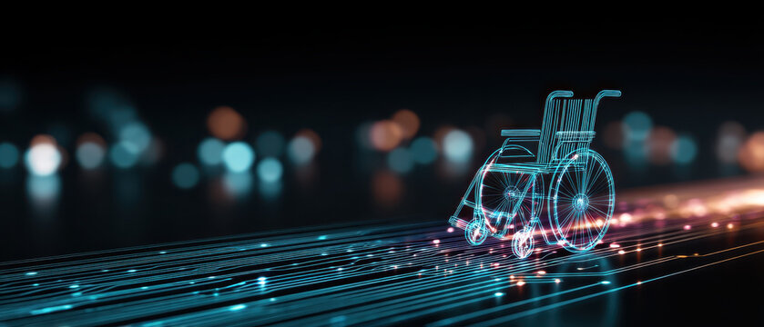 Digital representation of wheelchair is depicted with glowing lines and bokeh lights, symbolizing technology and innovation accessibility. futuristic design conveys sense of progress