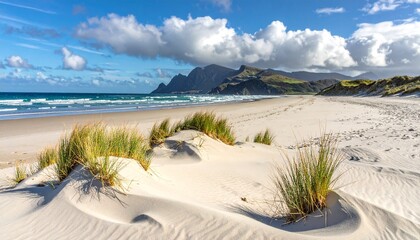 Beach and mountains under sunny sky.