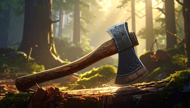 An axe resting on a log in a sunlit forest evokes woodcraft and nature's allure