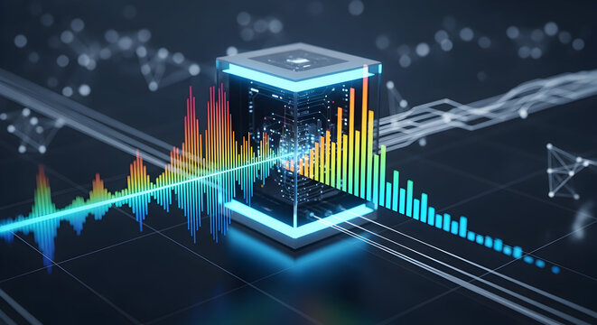 Futuristic 3D visualization of a Fourier transform block converting waveforms into frequency bars. Great for AI presentations engineering marketing sound processing and innovation media 62192721 1