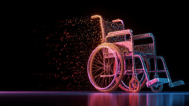 Glowing digital representation of wheelchair made of particles and light trails on dark background, symbolizing innovation and technology in mobility aids