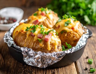 Baked potatoes, cut and filled with cheese, ham, and chives, sit in foil-lined dish with greens on a wooden table