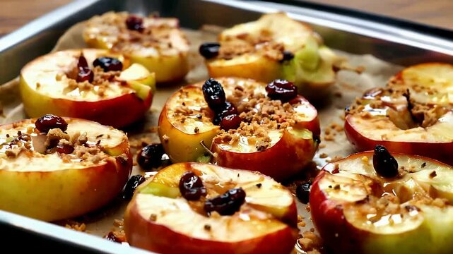 Baked Apple Halves with Nuts and Raisins Fresh from Oven.