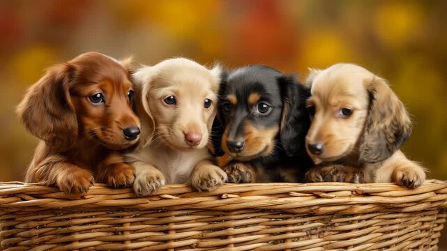 籐かごに並ぶロングダックス子犬