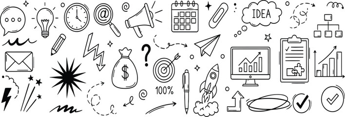 Collection of hand drawn business and finance icons and symbols in a doodle style