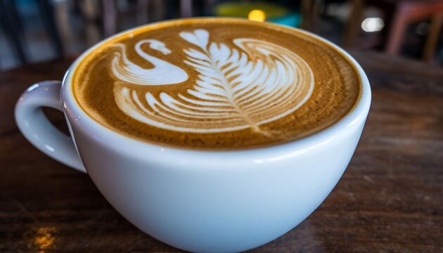 Latte art with swan and hearts in white cup on wooden table.