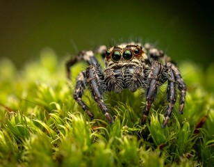 Close-up of a jumping arachnid with large eyes, resting on vibrant green moss. The tiny creature is in sharp focus