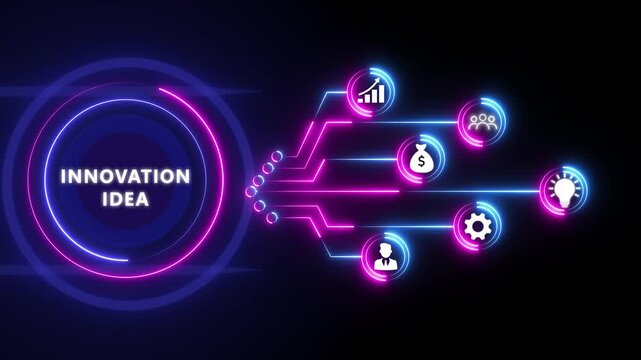 Neon blue Innovation Idea Concept with Business Icons and Flowchart on Black Background glowing light bulb