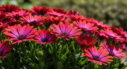 A vibrant cluster of pink and purple african daisies in full bloom, showcasing their delicate petals and dark centers
