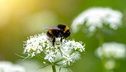 Bumblebee on white flower with green background.