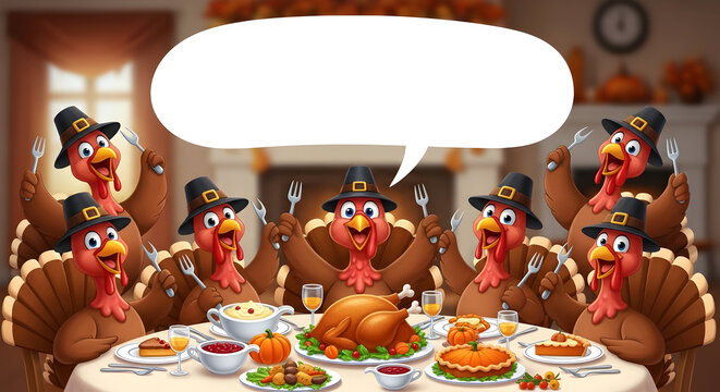 Group of cartoon turkeys smiling around Thanksgiving dinner table. Great for holiday posters community events restaurant marketing and family promotions. Includes copy space 65953238 1