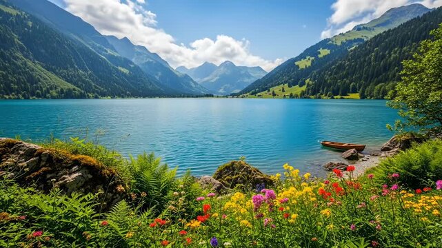 Beautiful swiss lake on a sunny day with flowers and grass rustling in the wind.