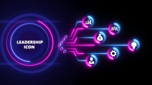 Blue Neon Leadership Icon with Business Icons on Black Background Keywords: leadership, icon, business, strategy, success, growth, team, money, idea, innovation, management, corporate, concept