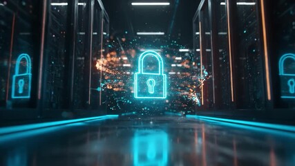 Data Security: A digital padlock glows in a server room, symbolizing the safeguarding of information and data in a technologically advanced environment. - Powered by Adobe