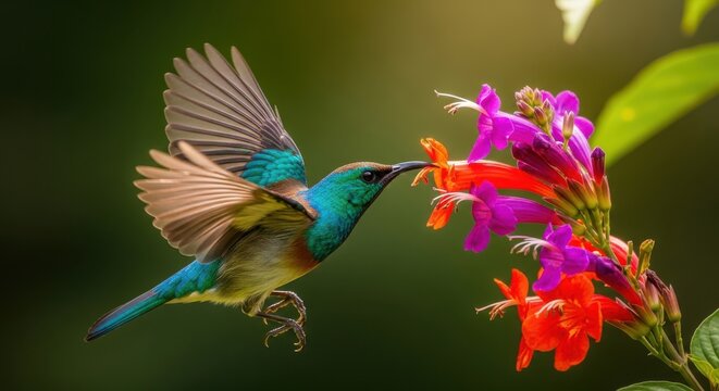 A colorful sunbird hovers in midair, feeding on nectar from a vibrant cluster of red and purple flowers