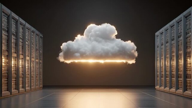 Cloud Data Center: A luminous cloud hovers between rows of servers, symbolizing the power and accessibility of cloud computing within a modern data center.