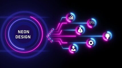 Blue Neon Design Infographic with Business Icons on Black Background technology network - Powered by Adobe