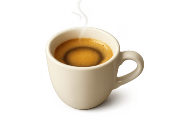 Espresso coffee with steam rising from white cup, dark rich crema, invigorating morning energy drink