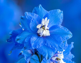 Close-up of a vibrant blue and white flower with layered petals, centered against a blurred blue background