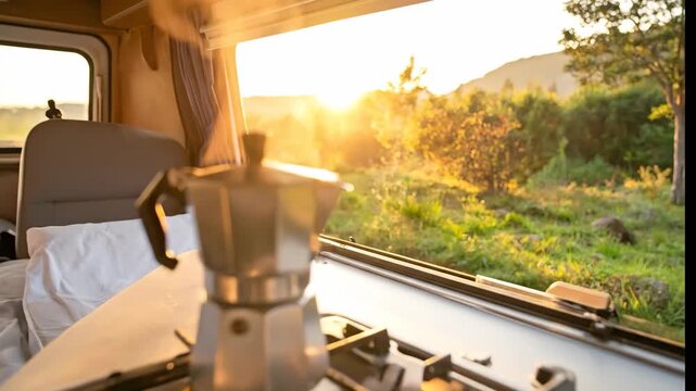 Coffee pot on a camper stove at sunrise.